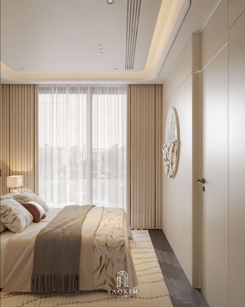 Không gian phòng ngủ đẹp trong thiết kế nội thất chung cư cao cấp Lumière Evergreen phong cách Quiet Luxury
